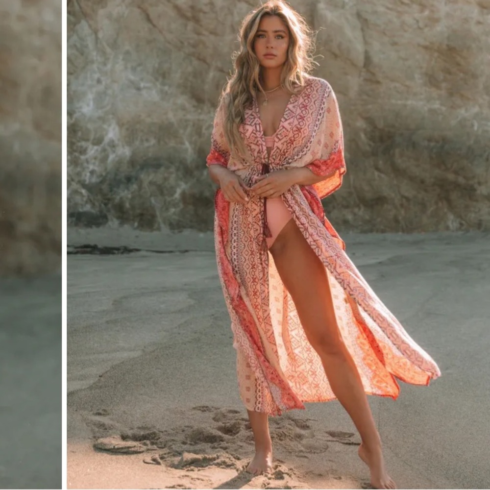 VICI BLUE CRUSH PRINTED METALLIC DUSTER KIMONO - BLUSH